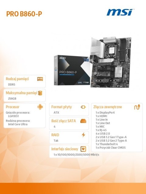 MSI Płyta główna PRO B860-P s1851 4DDR5 ATX