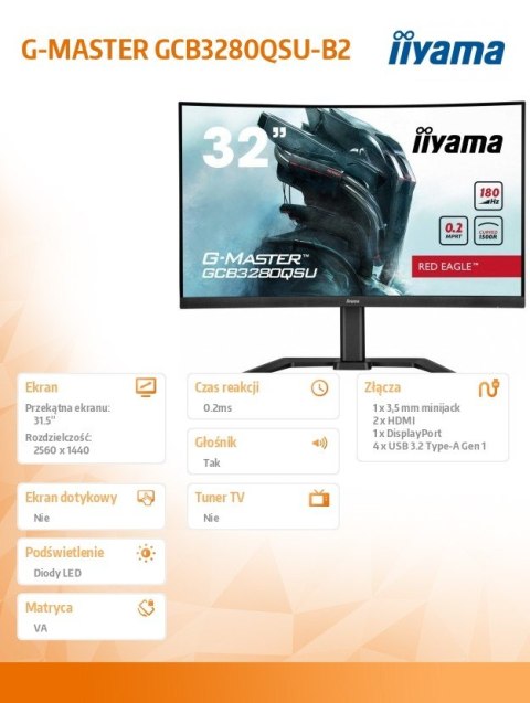 IIYAMA Monitor 32 cale GCB3280QSU-B2,VA,QHD,180Hz,1500R,0.2ms,4xUSB,350cd
