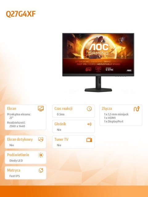 AOC Monitor Q27G4XF 27 cali 180Hz Fast IPS HDMI DP HAS