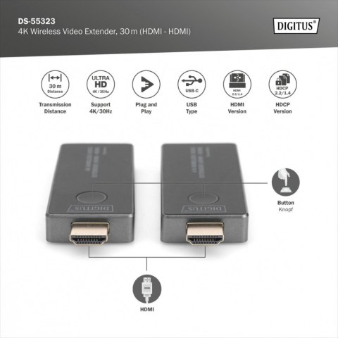 Digitus Przedłużacz/Extender HDMI bezprzewodowy 30m UHD 4K30Hz audio (zestaw)