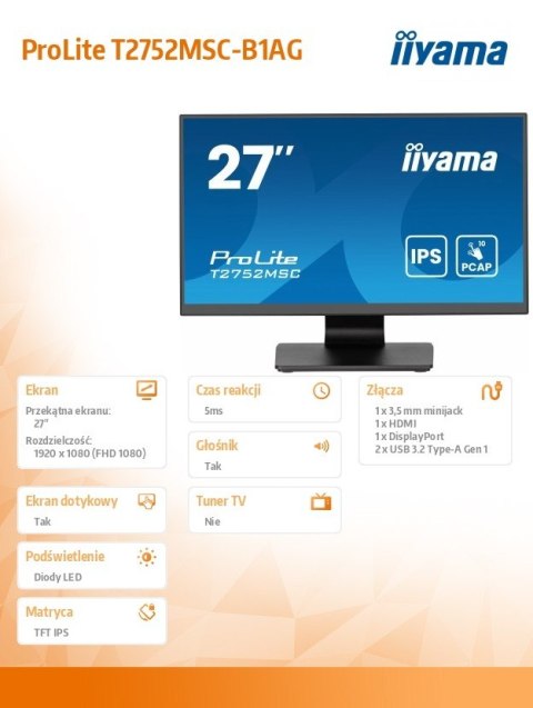 IIYAMA Monitor 27 cali T2752MSC-B1AG 10 PKT. POJ,IPS,HDMI,DP,2x1W,7H,2xUSB, 400cd/m2,AG-(Anti Glare)
