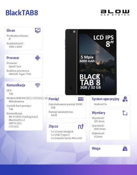 BLOW Tablet BlackTAB8 3/32GB 4G LTE 8 cali Czarny