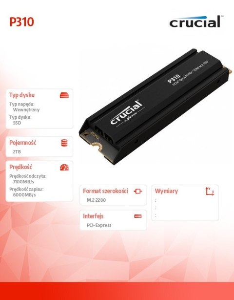 Crucial Dysk SSD P310 2TB M.2 NVMe PCIe 4.0 2280 radiator