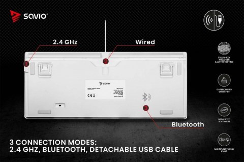 Savio Klawiatura mechaniczna bezprzewodowa PHENIX WHITE Gateron Red Pro, ABS