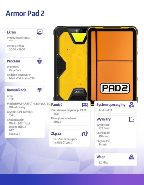 ULEFONE Tablet Armor Pad 2 4G 11" 8/256GB IP69K Czarno-żółty