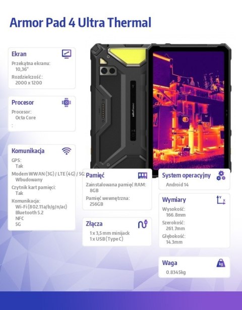 ULEFONE Tablet Armor Pad 4 Ultra Thermal 5G 10.36" 8/256GB IP69K termowizja Czarny