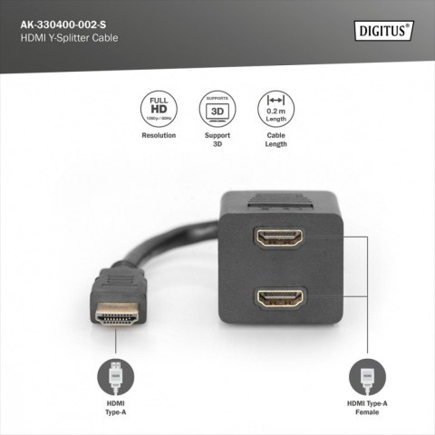 Digitus Kabel rozdzielacz/splitter HDMI HighSpeed 1080p 24Hz FHD Typ HDMI A/2xHDMI A M/Ż 0,2m Czarny