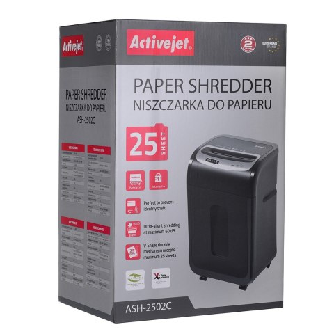 Niszczarka Activejet ASH-2502C, P-4, 28 l, ścinki 4x40 mm, 25 kartek, czarna