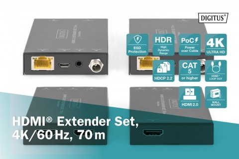 Digitus Przedłużacz / Extender HDMI 70m po skrętce kat.5e/6/7 4K 60Hz PoC (Power over Cable) (zestaw)