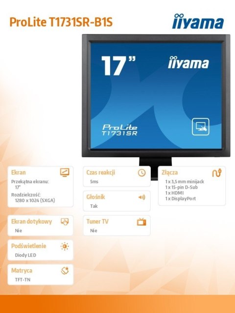 IIYAMA Monitor 17 cali 1731SR-B1S TN,RESISTIVE,HDMI,DP,VGA,IP54,2x1W