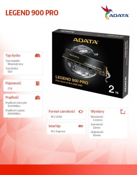 Adata Dysk SSD LEGEND 900 Pro 2TB PCIe 4x4 7.4/6.5 GB/s M2