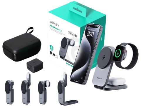 AUKEY LC-MC312 Slim 3w1 ładowarka bezprzewodowa MagSafe Qi2 15W + ładowarka PD 30W + Etui