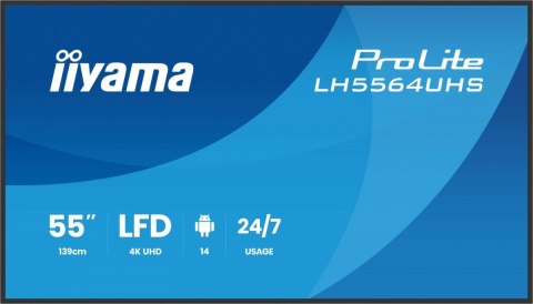 IIYAMA Monitor 55 cali LH5564UHS-B1AG, 24/7,VA,ANDROID14,4K,500cd,5000:1, 2xHDMI ,USB-C,RJ45, RS-232c, IR, 2x10W, 2xUSB, UCHWYT ŚCIE