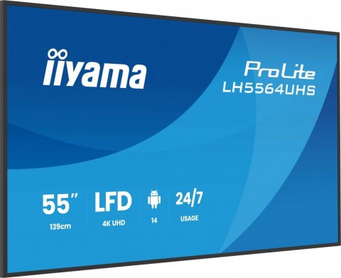 IIYAMA Monitor 55 cali LH5564UHS-B1AG, 24/7,VA,ANDROID14,4K,500cd,5000:1, 2xHDMI ,USB-C,RJ45, RS-232c, IR, 2x10W, 2xUSB, UCHWYT ŚCIE