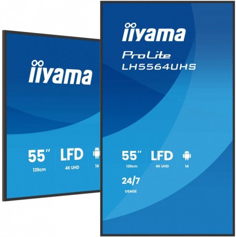 IIYAMA Monitor 55 cali LH5564UHS-B1AG, 24/7,VA,ANDROID14,4K,500cd,5000:1, 2xHDMI ,USB-C,RJ45, RS-232c, IR, 2x10W, 2xUSB, UCHWYT ŚCIE