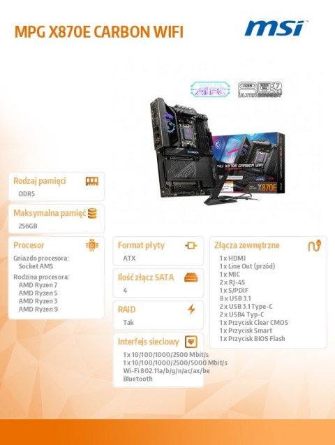 MSI Płyta główna MPG X870E CARBON WIFI AM5 4DDR5 ATX