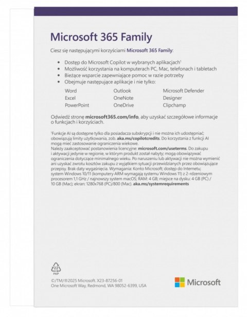 Microsoft M365 Family PL 1Y 6U Win/Mac EP2-32382, Zastępuje P/N: 6GQ-01940