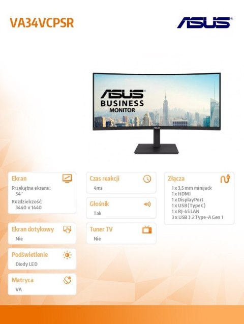 Asus Monitor VA34VCPSR 34 cale WQHD USB-C RJ45 1500R 21:9