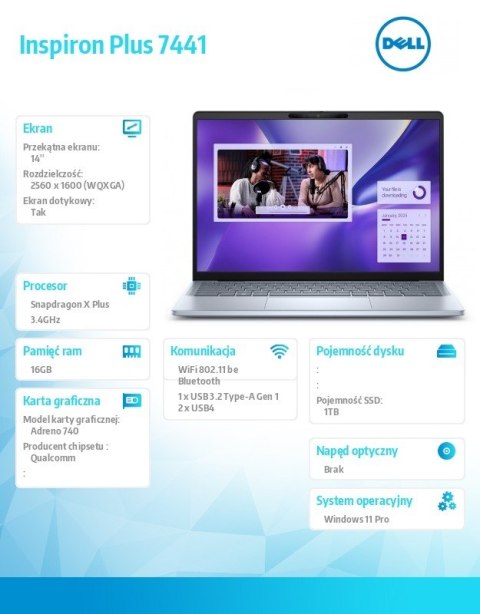 Dell Laptop Inspiron Plus 7441 Win11 Pro/XPLUS10C/16GB/1TB SSD Gen4/14.0 QHD+ Touch/Adreno GPU/FgrPr/Cam & Mic/WLAN + BT/Backlit Kb/3