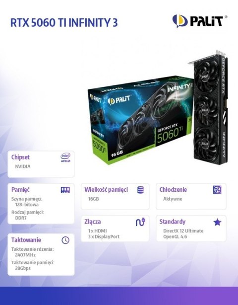 Palit Karta graficzna GeForce RTX 5060 TI INFINITY 3 16GB GDDR7 128bit 3DP/HDMI