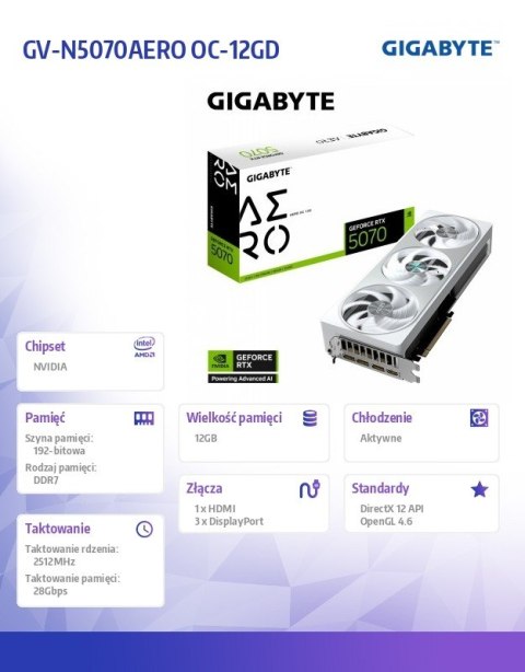 Gigabyte Karta graficzna GeForce RTX 5070 AERO OC 12GB GDDR7 192bit HDMI/3DP