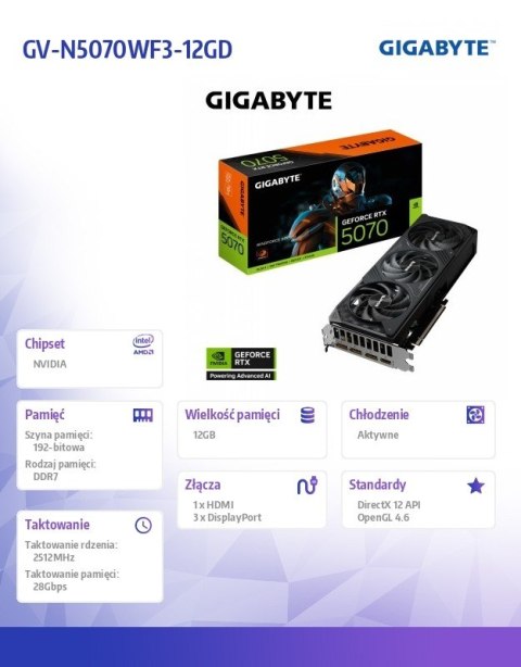 Gigabyte Karta graficzna GeForce RTX 5070 WINDFORCE SFF 12G 192BIT GDDR7 3DP/HDMI
