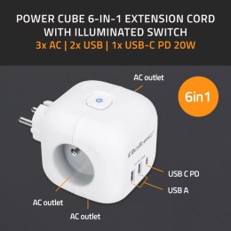 Qoltec Kostka zasilająca przedłużacz 6w1 z podświetlanym włącznikiem | 3x AC | 2x USB | 1x USB-C PD 20W | biała