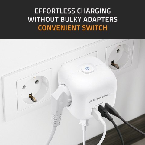 Qoltec Kostka zasilająca przedłużacz 6w1 z podświetlanym włącznikiem | 3x AC | 2x USB | 1x USB-C PD 20W | biała