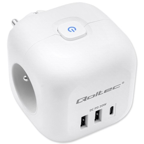 Qoltec Kostka zasilająca przedłużacz 6w1 z podświetlanym włącznikiem | 3x AC | 2x USB | 1x USB-C PD 20W | biała