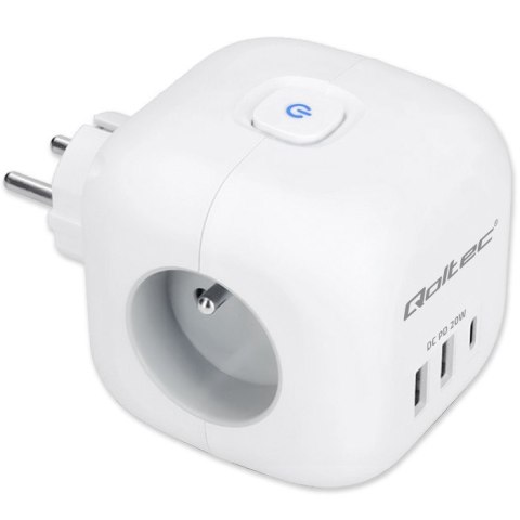 Qoltec Kostka zasilająca przedłużacz 6w1 z podświetlanym włącznikiem | 3x AC | 2x USB | 1x USB-C PD 20W | biała