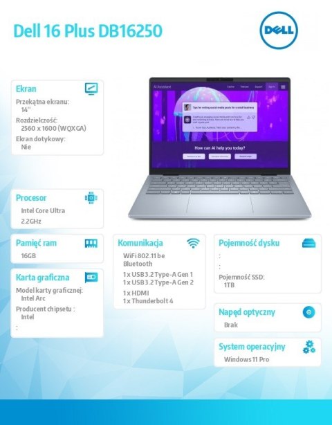 Dell Laptop Dell 14 Plus DB14250 Win11Pro Ultra 7 258V/32GB/1TB/14.0 2.5K/Arc/FgrPr/WLAN + BT/Backlit Kb/4 Cell/3Y ProSupport