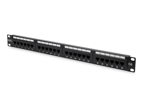 Digitus Patch panel 19" 24 porty, kat.6, U/UTP, 1U, wspornik kablowy, czarny (kompletny)