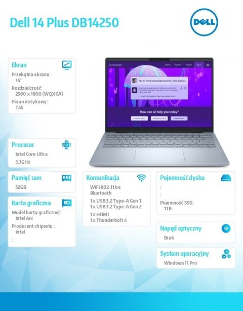 Dell Laptop Dell 14 Plus DB14250 Win11Pro Ultra 9 288V/32GB/1TB/14.0 2.5K/Arc/FgrPr/WLAN + BT/Backlit Kb/4 Cell/3Y ProSupport