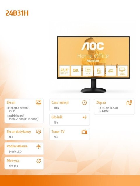 AOC Monitor 23.8 cala 24B31H IPS 120Hz HDMI VGA
