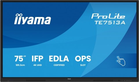 IIYAMA Monitor 75 cali TE7513A-B1AG INFRARED, 40pkt, IPS, 4K, 7H, 450cd/m2, WiFi, USB, ANDROID 14, Google EDLA, 2x20W, uchwyt ścienny