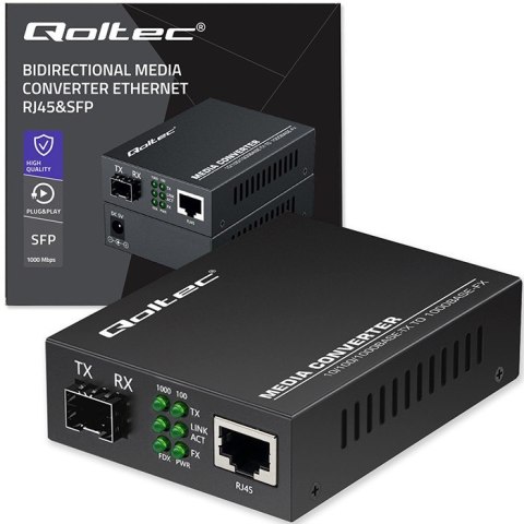 Qoltec Dwukierunkowy Media Konwerter SWITCH Ethernet 1x RJ45 1x SFP | 1000Mb/s | 5V