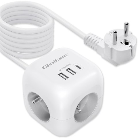 Qoltec Kostka zasilająca przedłużacz 6w1 z podświetlanym włącznikiem | 3x AC | 2x USB | 1x USB-C PD 20W | biała | kabel 2m