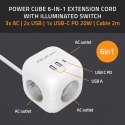 Qoltec Kostka zasilająca przedłużacz 6w1 z podświetlanym włącznikiem | 3x AC | 2x USB | 1x USB-C PD 20W | biała | kabel 2m