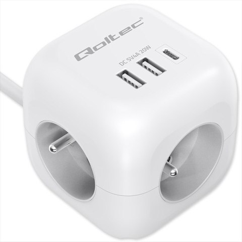 Qoltec Kostka zasilająca przedłużacz 6w1 z podświetlanym włącznikiem | 3x AC | 2x USB | 1x USB-C PD 20W | biała | kabel 2m