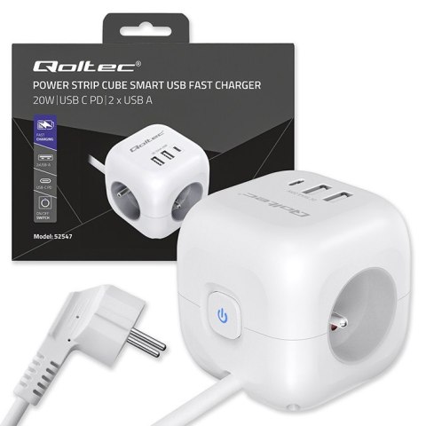 Qoltec Kostka zasilająca przedłużacz 6w1 z podświetlanym włącznikiem | 3x AC | 2x USB | 1x USB-C PD 20W | biała | kabel 2m