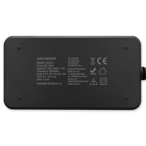Qoltec Ładowarka sieciowa 65W GaN Super Fast SLIM | PD | 5-20V | 3.25A |USB-C 3.1 | Laptop | MacBook | Smartfon | +kabel