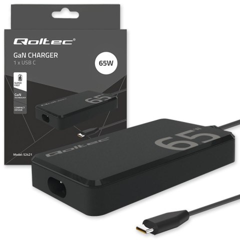 Qoltec Ładowarka sieciowa 65W GaN Super Fast SLIM | PD | 5-20V | 3.25A |USB-C 3.1 | Laptop | MacBook | Smartfon | +kabel