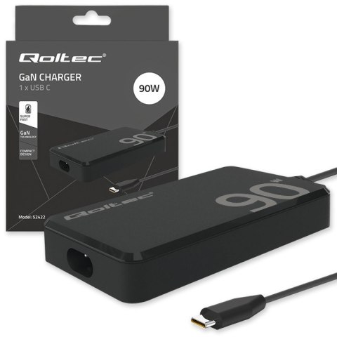 Qoltec Ładowarka sieciowa 90W GaN Fast SLIM | PD | 5-20V | 4.5A | USB-C 3.1 | Laptop | MacBook | Smartfon | +kabel