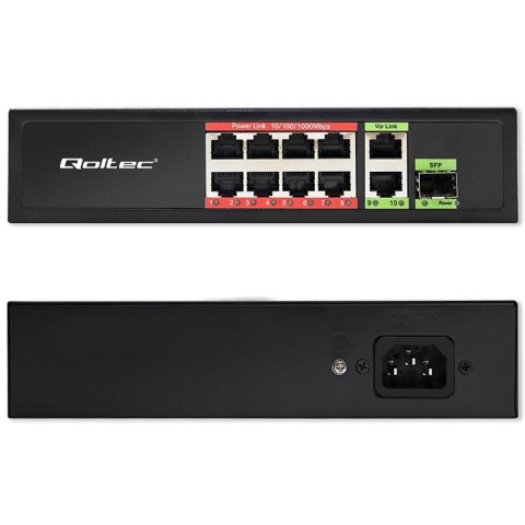 Qoltec Przełącznik sieciowy SWITCH FAST Ethernet 8x RJ45 PoE 2x RJ45 Uplink 1x SFP | 120W | 1000Mb/s