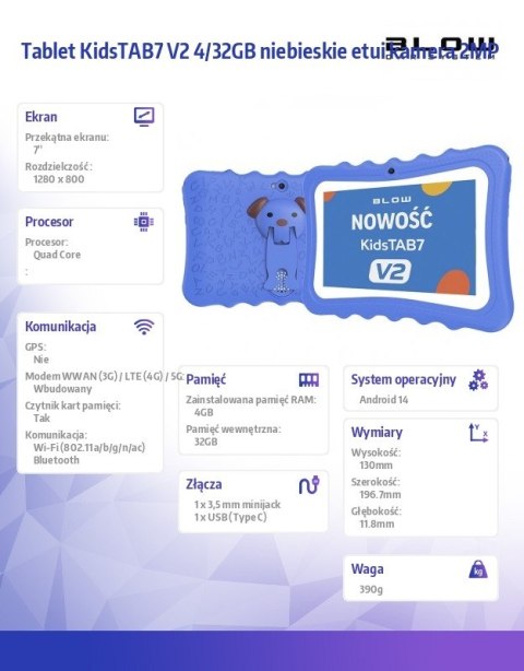 BLOW Tablet KidsTAB7 V2 4/32GB niebieskie etui kamera 2MP