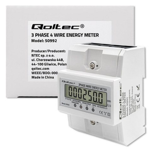 Qoltec Trójfazowy elektroniczny licznik | miernik zużycia energii na szynę DIN | 400V | 100A | LCD | 4P