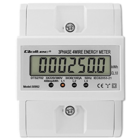 Qoltec Trójfazowy elektroniczny licznik | miernik zużycia energii na szynę DIN | 400V | 100A | LCD | 4P