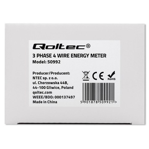 Qoltec Trójfazowy elektroniczny licznik | miernik zużycia energii na szynę DIN | 400V | 100A | LCD | 4P