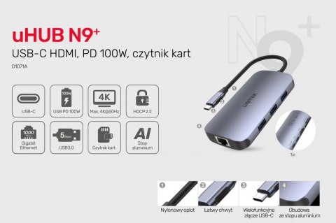 Unitek HUB USB-C 9w1, USB-C, HDMI 2.0, RJ45, PD 100W, czytnik SD; D1071A