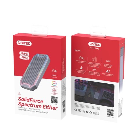 Unitek Obudowa dysku SSD M.2 NVMe/SATA 10Gbps, RGB; S1210B